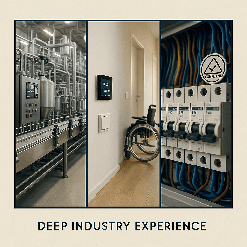 Three bordered vignettes on an ivory background: a food-processing line, an accessible hallway with smart controls, and a labeled electrical panel.